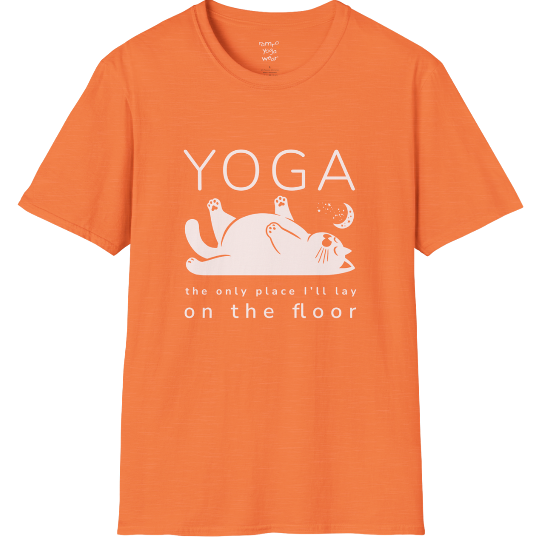 Floor T-Shirt with laid-back cat design and "the only place I'll lay on the floor" quote — The Vault collection by Ramro Yoga Wear — Heather Orange