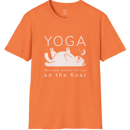 Floor T-Shirt with laid-back cat design and "the only place I'll lay on the floor" quote — The Vault collection by Ramro Yoga Wear — Heather Orange