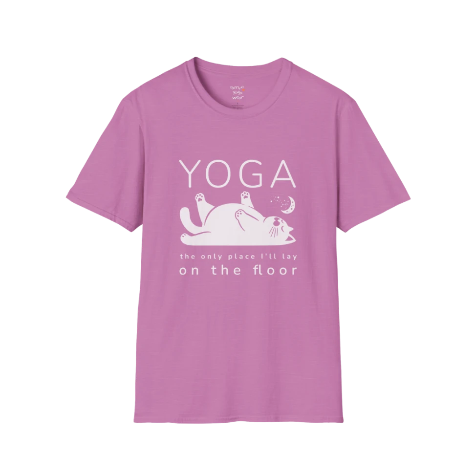 Floor T-Shirt with laid-back cat design and "the only place I'll lay on the floor" quote — The Vault collection by Ramro Yoga Wear — Heather Radiant Orchid