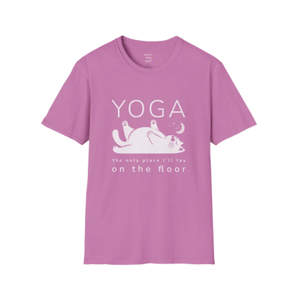 Floor T-Shirt with laid-back cat design and "the only place I'll lay on the floor" quote — The Vault collection by Ramro Yoga Wear — Heather Radiant Orchid