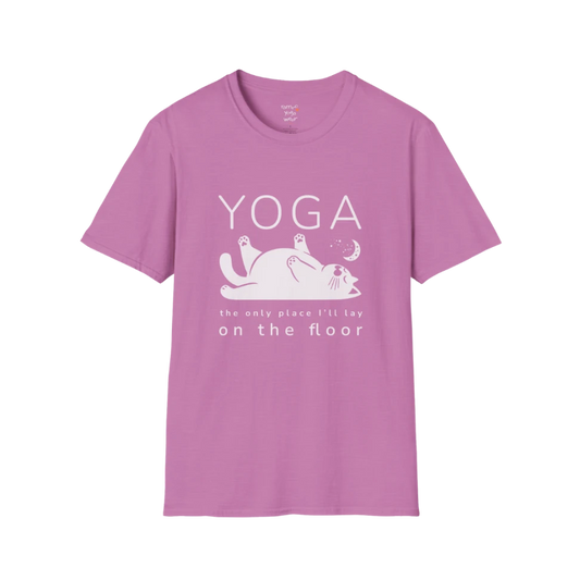 Floor T-Shirt with laid-back cat design and "the only place I'll lay on the floor" quote — The Vault collection by Ramro Yoga Wear — Heather Radiant Orchid