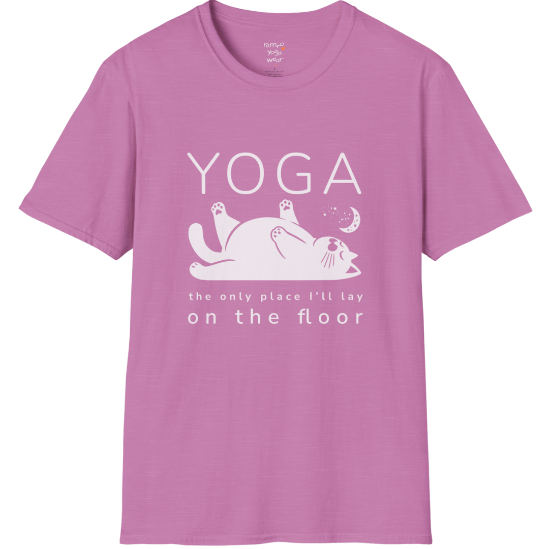 Floor T-Shirt with laid-back cat design and "the only place I'll lay on the floor" quote — The Vault collection by Ramro Yoga Wear — Heather Radiant Orchid