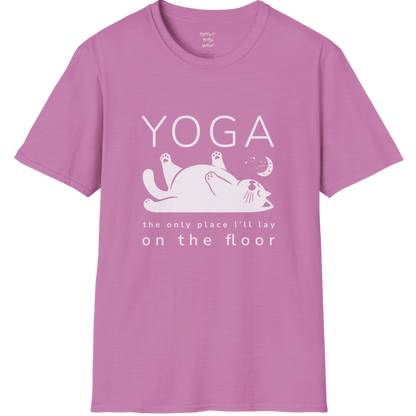 Floor T-Shirt with laid-back cat design and "the only place I'll lay on the floor" quote — The Vault collection by Ramro Yoga Wear — Heather Radiant Orchid
