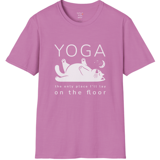 Floor T-Shirt with laid-back cat design and "the only place I'll lay on the floor" quote — The Vault collection by Ramro Yoga Wear — Heather Radiant Orchid