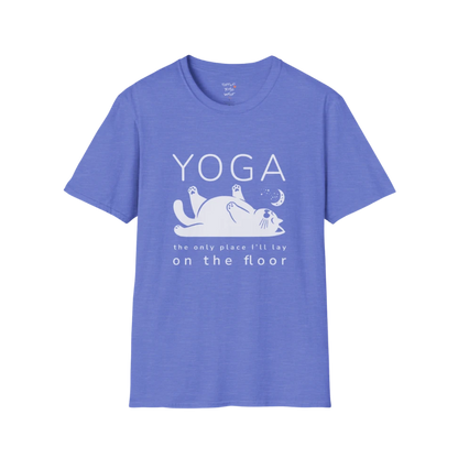 Floor T-Shirt with laid-back cat design and "the only place I'll lay on the floor" quote — The Vault collection by Ramro Yoga Wear — Heather Royal