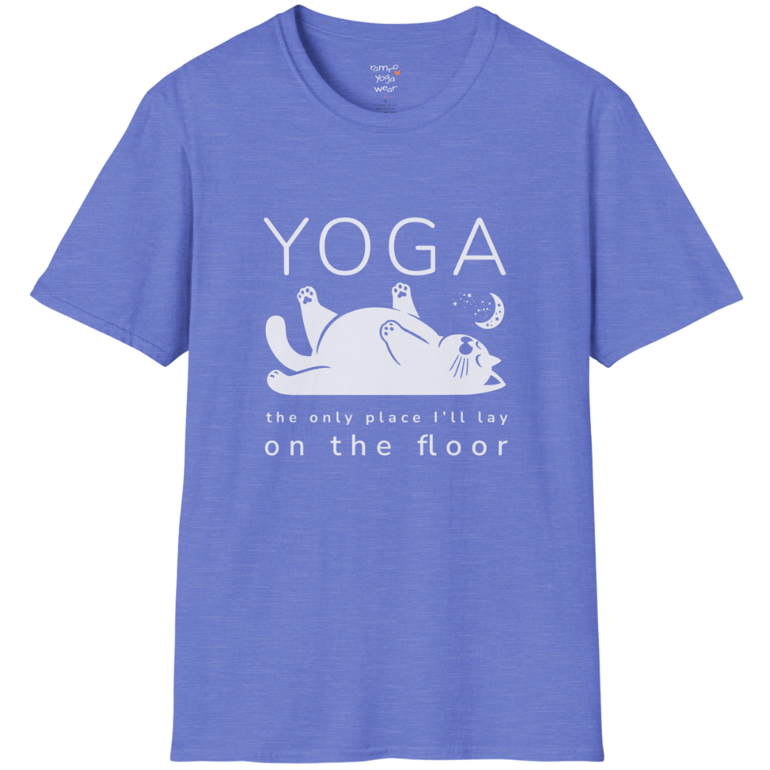 Floor T-Shirt with laid-back cat design and "the only place I'll lay on the floor" quote — The Vault collection by Ramro Yoga Wear — Heather Royal