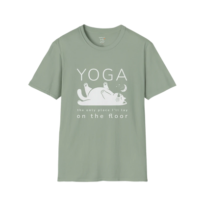Floor T-Shirt with laid-back cat design and "the only place I'll lay on the floor" quote — The Vault collection by Ramro Yoga Wear — Sage