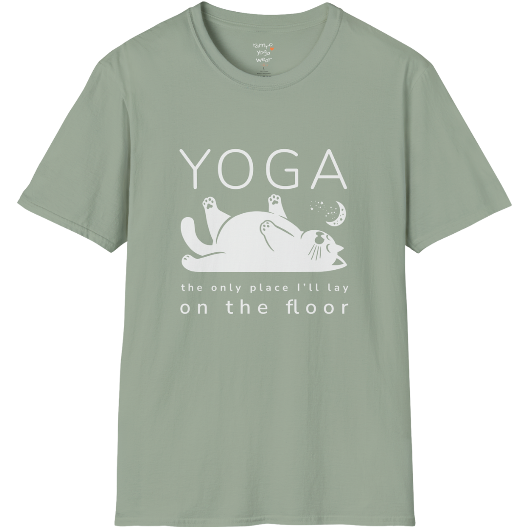 Floor T-Shirt with laid-back cat design and "the only place I'll lay on the floor" quote — The Vault collection by Ramro Yoga Wear — Sage