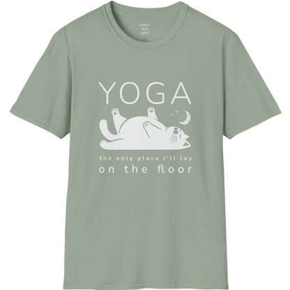 Floor T-Shirt with laid-back cat design and "the only place I'll lay on the floor" quote — The Vault collection by Ramro Yoga Wear — Sage