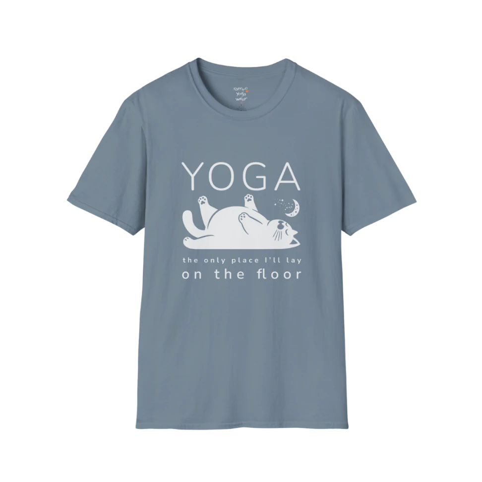 Floor T-Shirt with laid-back cat design and "the only place I'll lay on the floor" quote — The Vault collection by Ramro Yoga Wear — Stone Blue