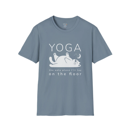 Floor T-Shirt with laid-back cat design and "the only place I'll lay on the floor" quote — The Vault collection by Ramro Yoga Wear — Stone Blue