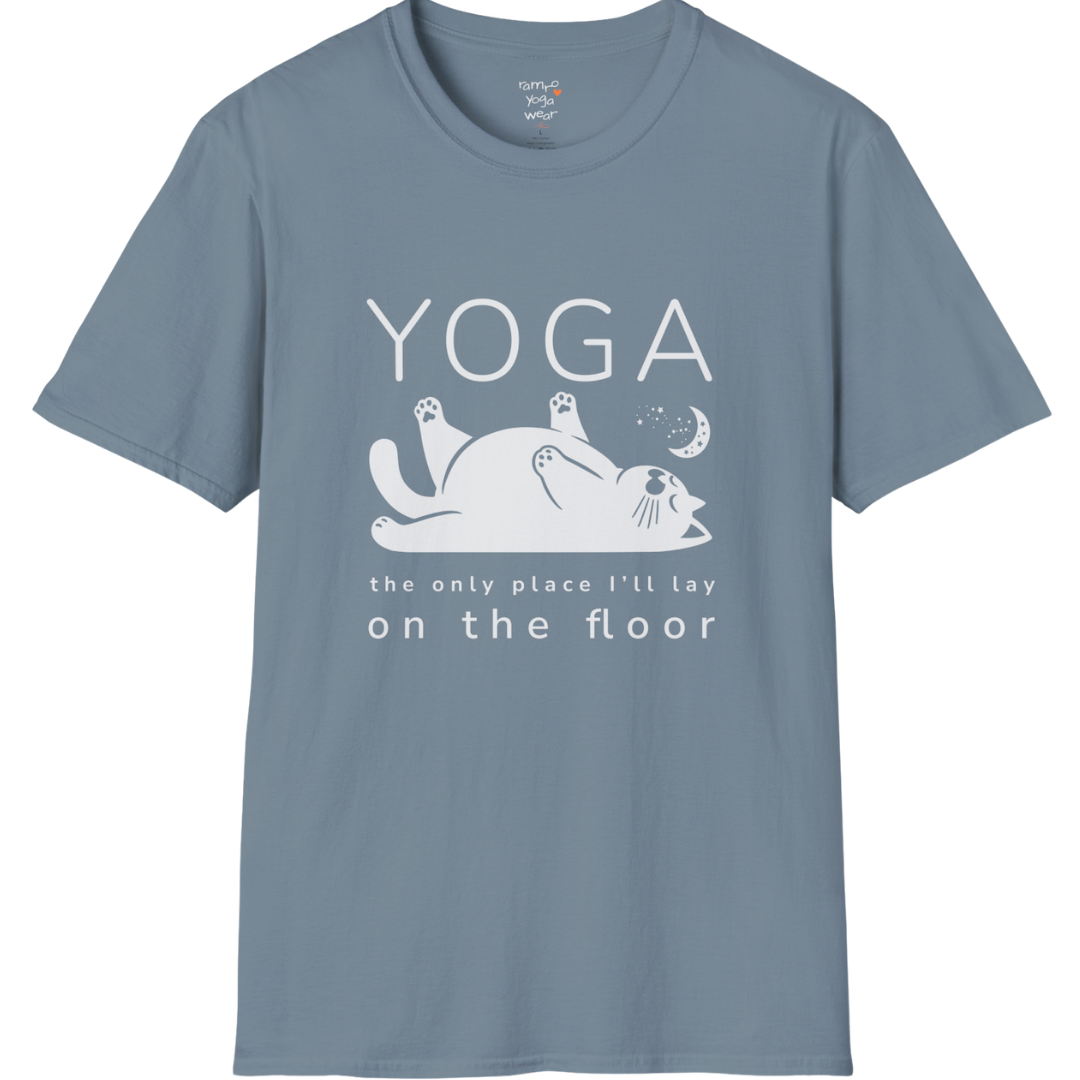 Floor T-Shirt with laid-back cat design and "the only place I'll lay on the floor" quote — The Vault collection by Ramro Yoga Wear — Stone Blue