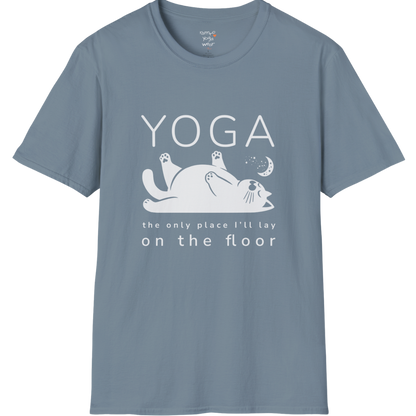 Floor T-Shirt with laid-back cat design and "the only place I'll lay on the floor" quote — The Vault collection by Ramro Yoga Wear — Stone Blue