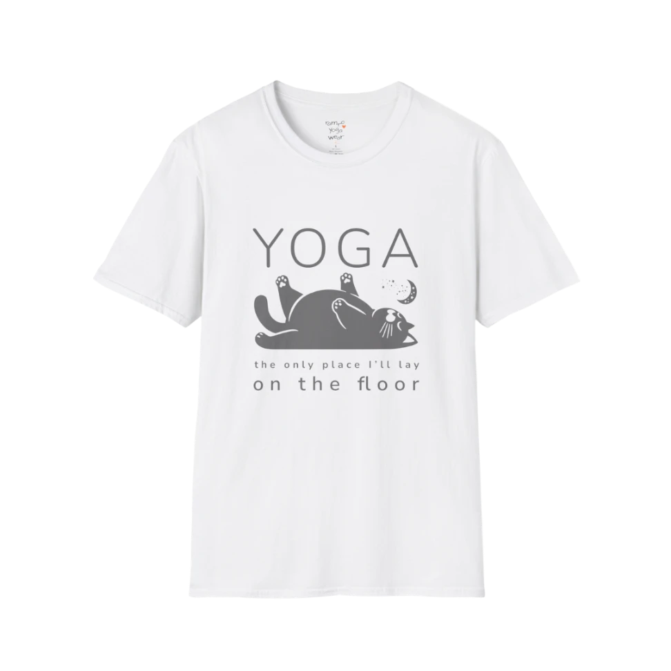 Floor T-Shirt with laid-back cat design and "the only place I'll lay on the floor" quote — The Vault collection by Ramro Yoga Wear — White