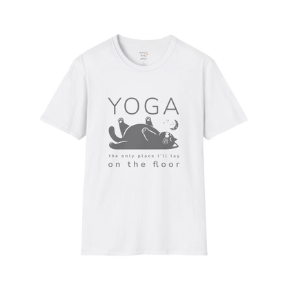 Floor T-Shirt with laid-back cat design and "the only place I'll lay on the floor" quote — The Vault collection by Ramro Yoga Wear — White