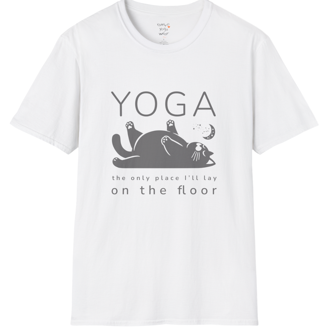 Floor T-Shirt with laid-back cat design and "the only place I'll lay on the floor" quote — The Vault collection by Ramro Yoga Wear — White