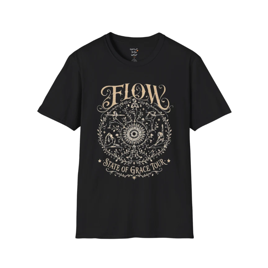 Flow T-Shirt Black with vintage yoga mandala artwork and flowing spiritual design.