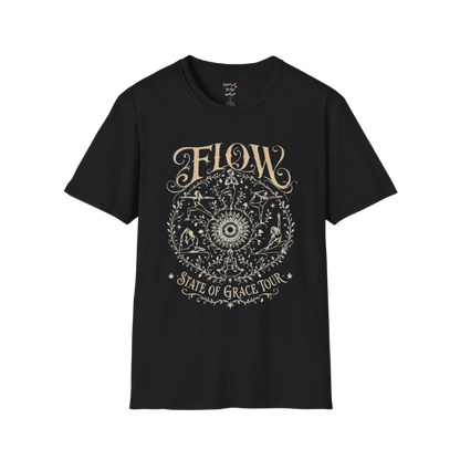 Flow T-Shirt Black with vintage yoga mandala artwork and flowing spiritual design.