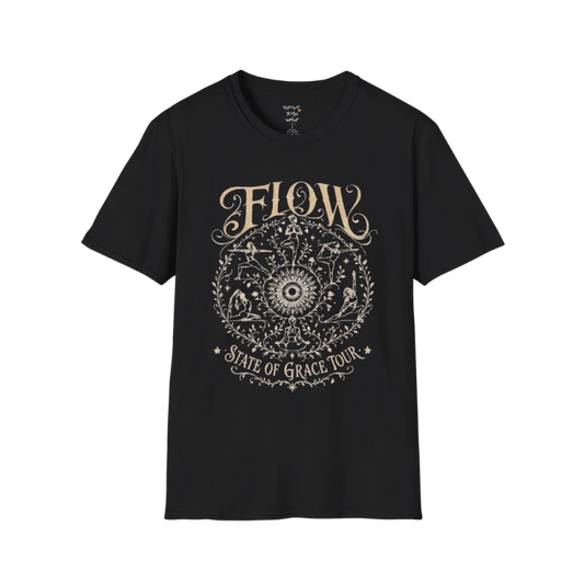 Flow T-Shirt Black with vintage yoga mandala artwork and flowing spiritual design.