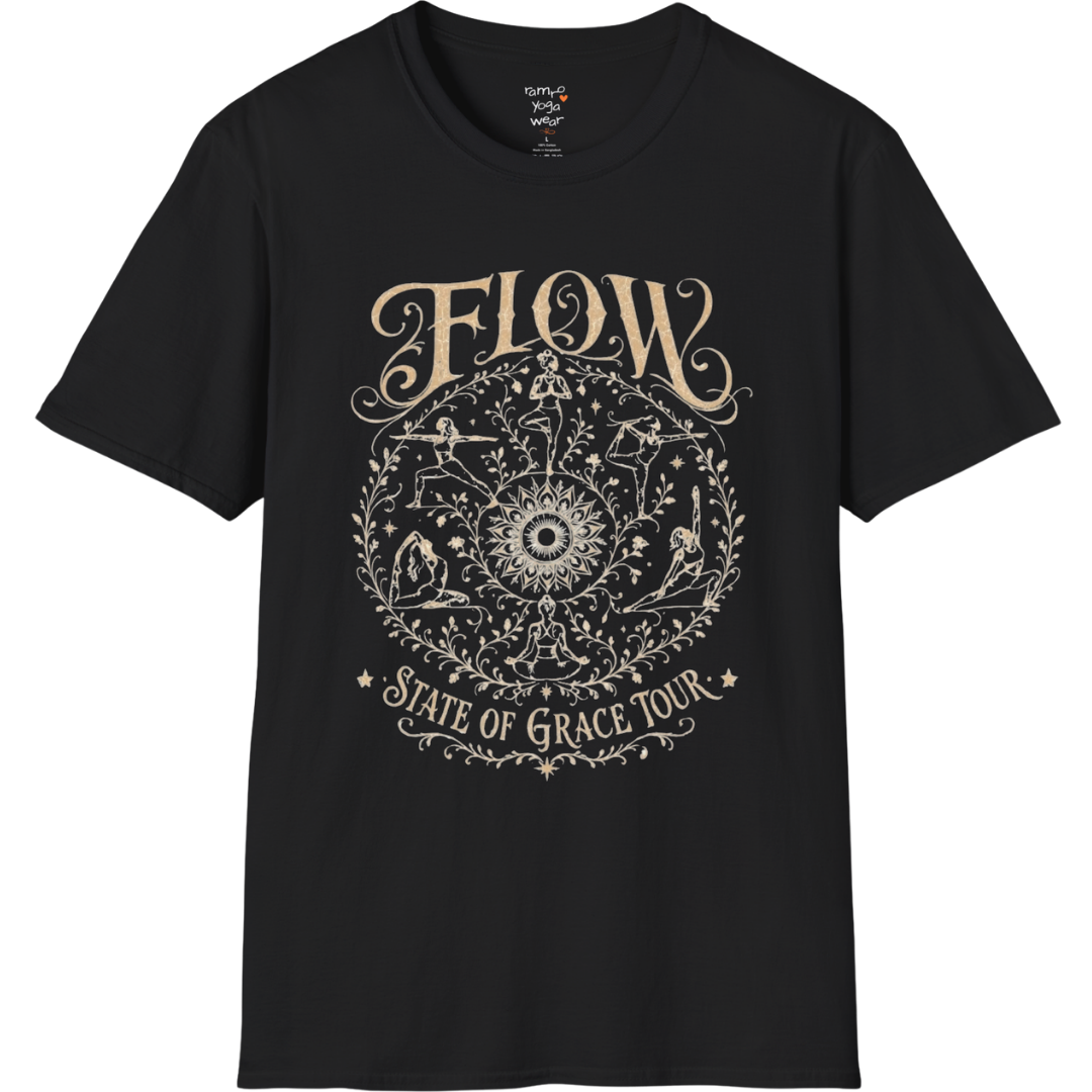 Flow T-Shirt Black with vintage yoga mandala artwork and flowing spiritual design.