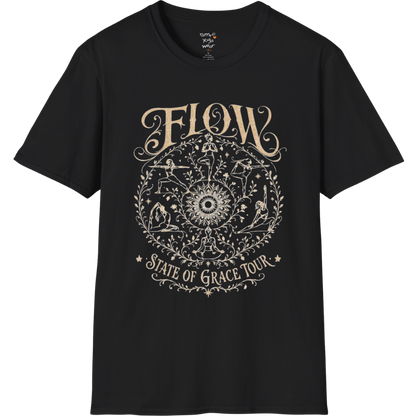 Flow T-Shirt Black with vintage yoga mandala artwork and flowing spiritual design.