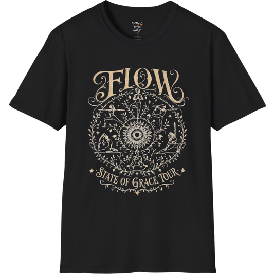 Flow T-Shirt Black with vintage yoga mandala artwork and flowing spiritual design.