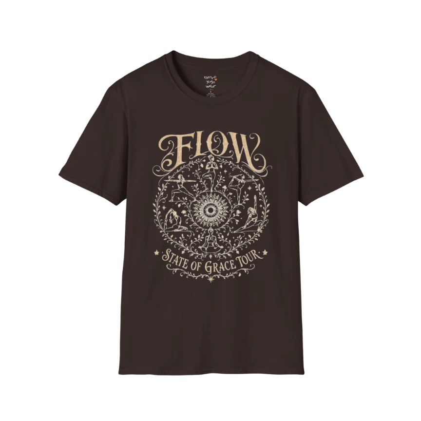 Flow T-Shirt Dark Chocolate featuring retro yoga artwork inspired by mindful movement.