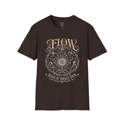 Flow T-Shirt Dark Chocolate featuring retro yoga artwork inspired by mindful movement.