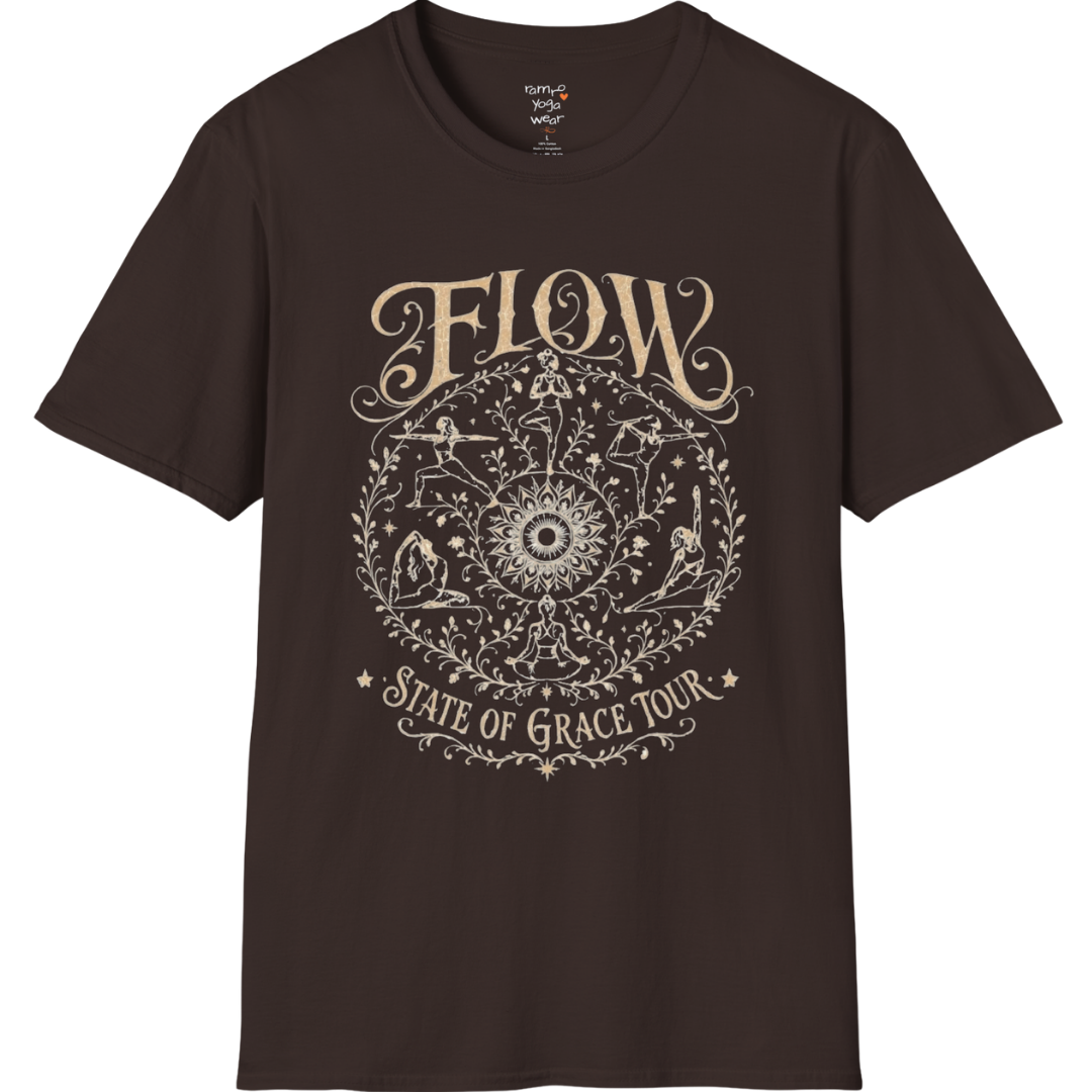 Flow T-Shirt Dark Chocolate featuring retro yoga artwork inspired by mindful movement.