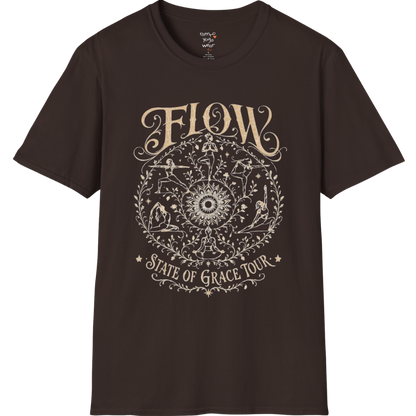 Flow T-Shirt Dark Chocolate featuring retro yoga artwork inspired by mindful movement.