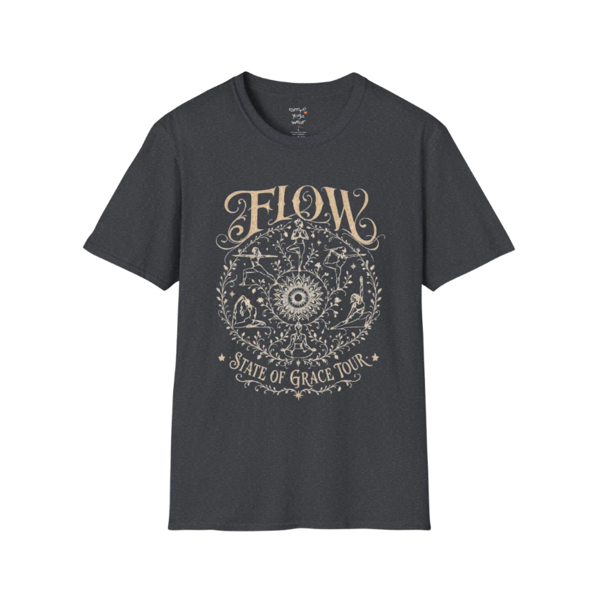 Flow T-Shirt Dark Heather Grey with celestial yoga mandala graphic and vintage styling.
