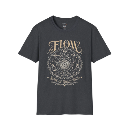 Flow T-Shirt Dark Heather Grey with celestial yoga mandala graphic and vintage styling.