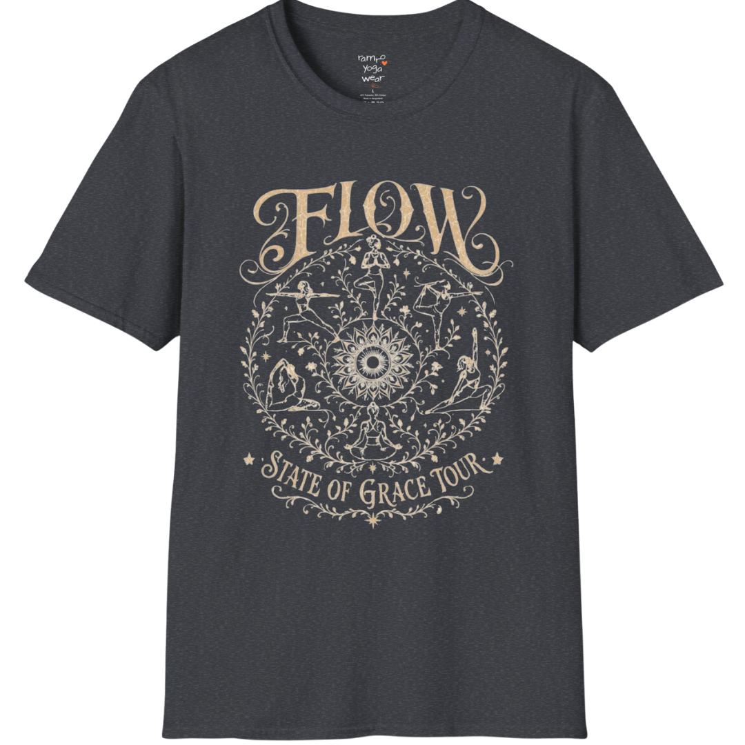 Flow T-Shirt Dark Heather Grey with celestial yoga mandala graphic and vintage styling.