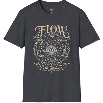 Flow T-Shirt Dark Heather Grey with celestial yoga mandala graphic and vintage styling.