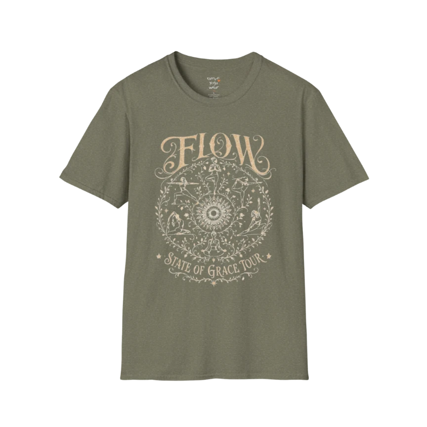 Flow T-Shirt Heather Military Green featuring earthy boho yoga artwork and spiritual energy.