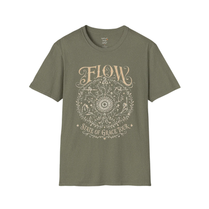 Flow T-Shirt Heather Military Green featuring earthy boho yoga artwork and spiritual energy.
