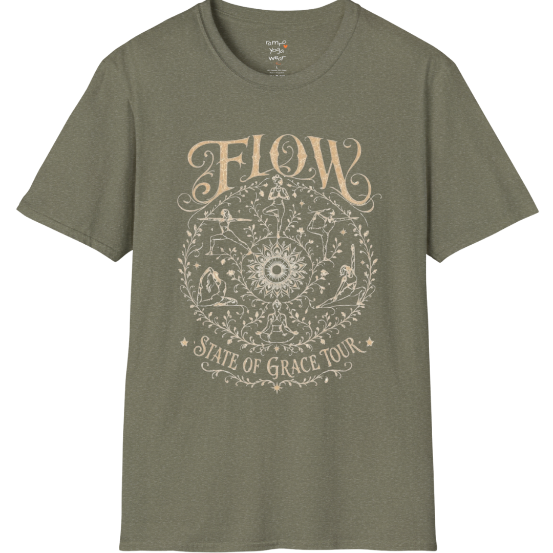 Flow T-Shirt Heather Military Green featuring earthy boho yoga artwork and spiritual energy.