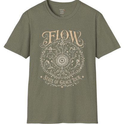 Flow T-Shirt Heather Military Green featuring earthy boho yoga artwork and spiritual energy.