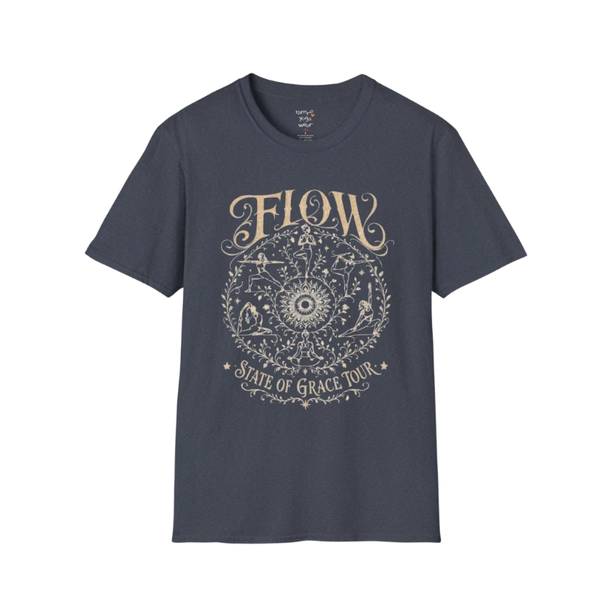 Flow T-Shirt Heather Navy with flowing yoga pose artwork and mindful vintage aesthetic.