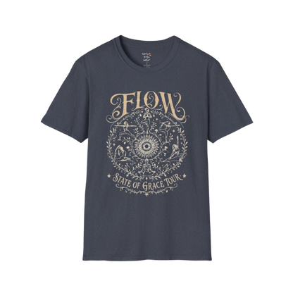 Flow T-Shirt Heather Navy with flowing yoga pose artwork and mindful vintage aesthetic.