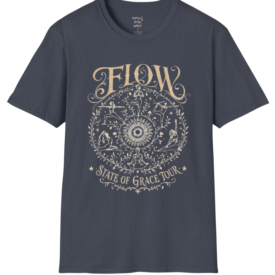 Flow T-Shirt Heather Navy with flowing yoga pose artwork and mindful vintage aesthetic.