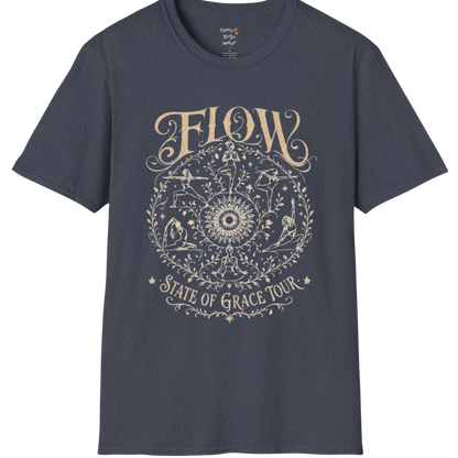 Flow T-Shirt Heather Navy with flowing yoga pose artwork and mindful vintage aesthetic.