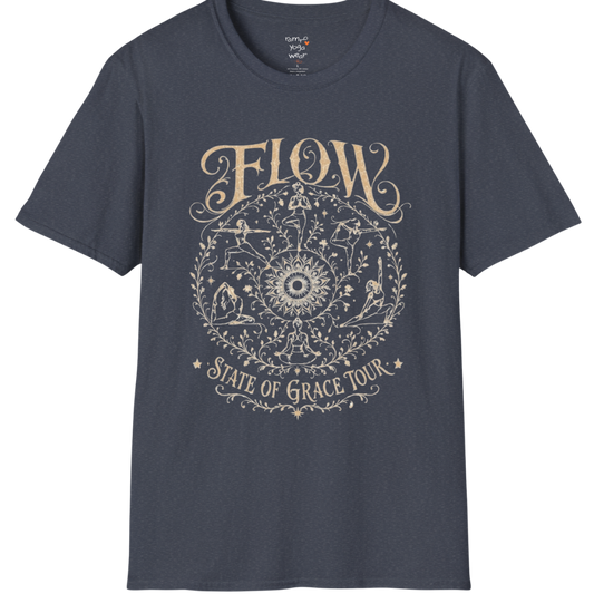Flow T-Shirt Heather Navy with flowing yoga pose artwork and mindful vintage aesthetic.