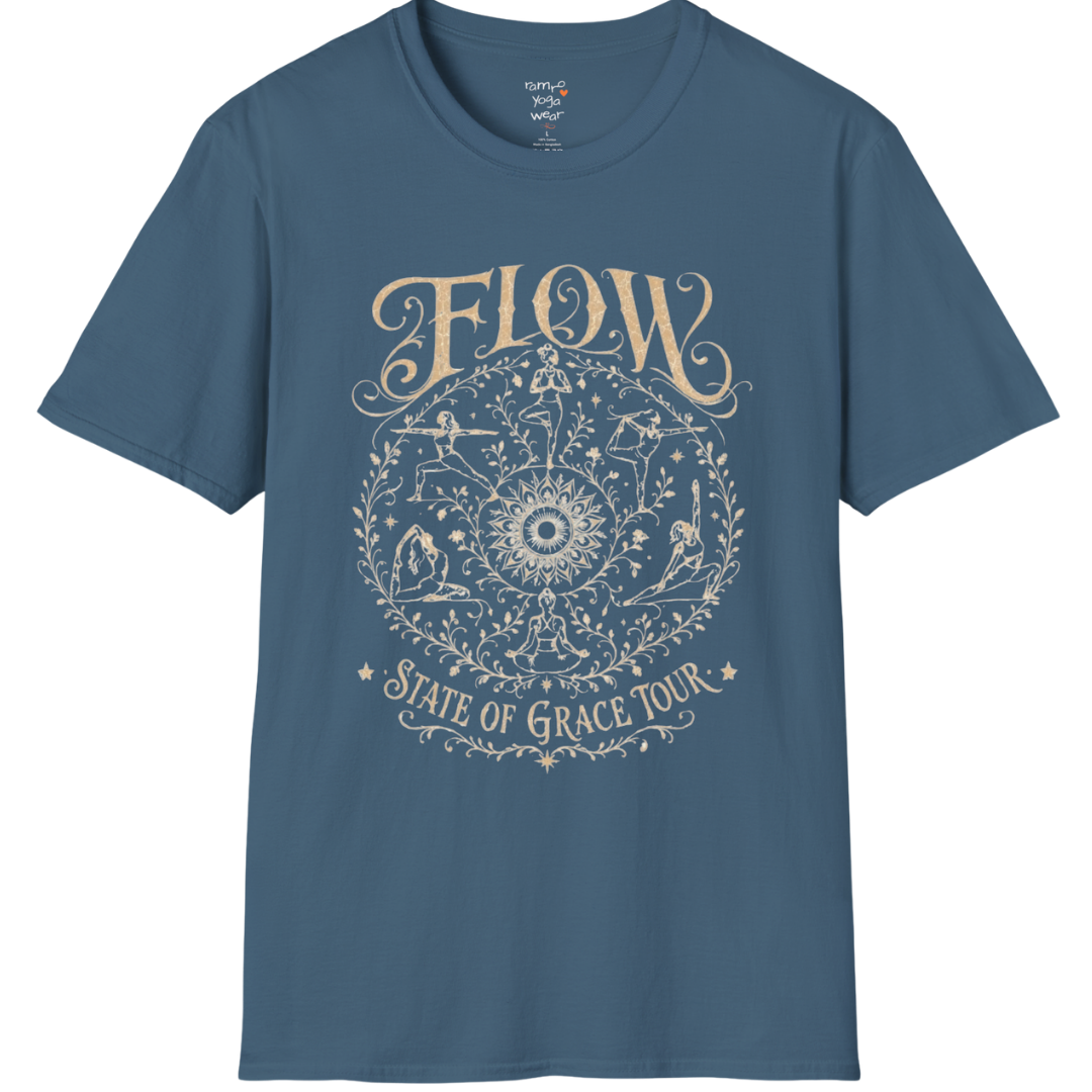 Flow T-Shirt Indigo Blue with celestial yoga mandala artwork and earthy boho styling.