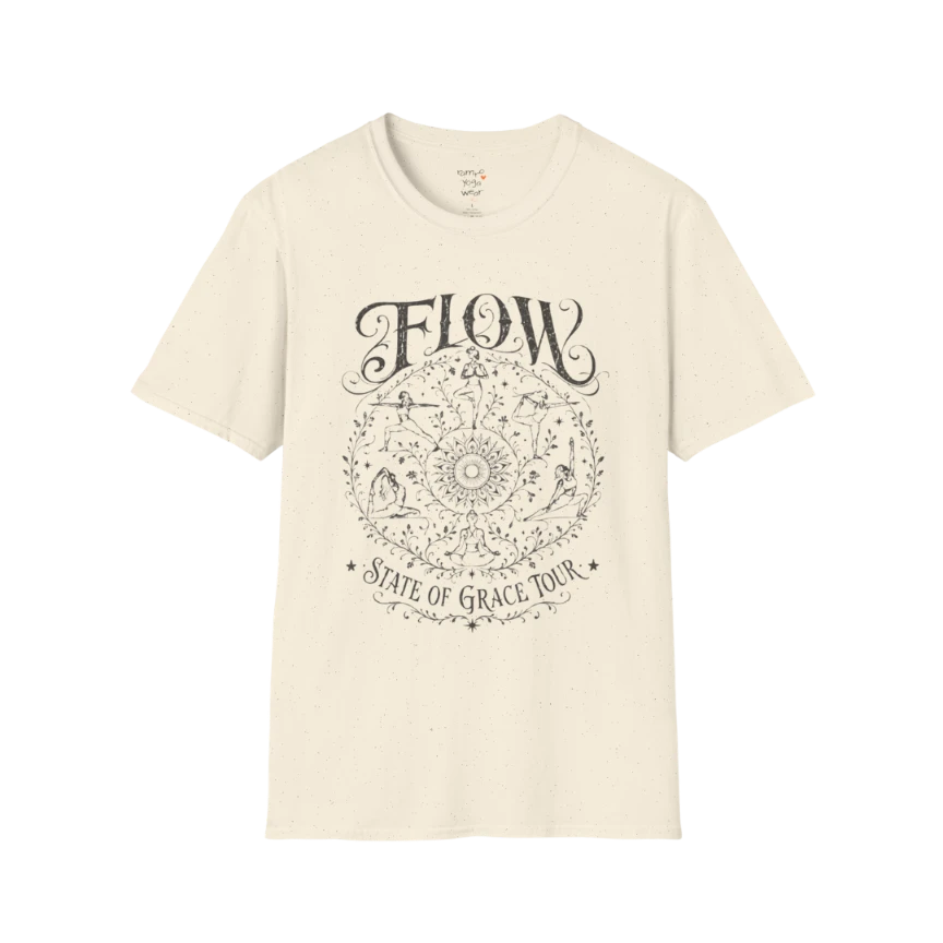 Flow T-Shirt Natural featuring soft vintage yoga artwork and relaxed spiritual aesthetic.