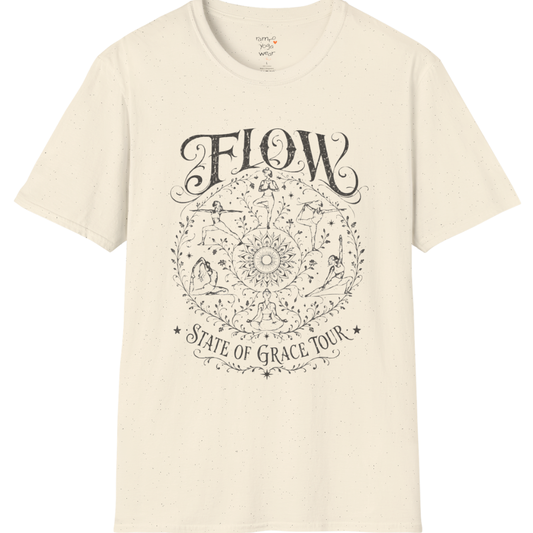 Flow T-Shirt Natural featuring soft vintage yoga artwork and relaxed spiritual aesthetic.