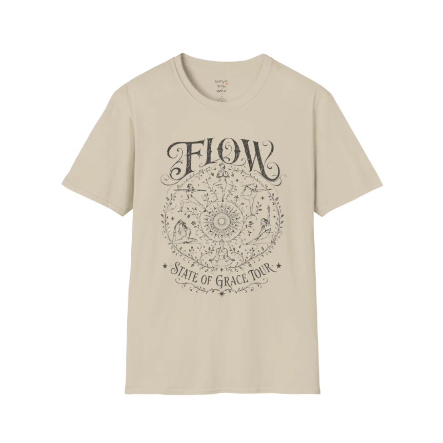 Flow T-Shirt Sand with celestial yoga mandala artwork and earthy boho styling.