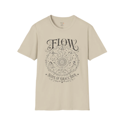 Flow T-Shirt Sand with celestial yoga mandala artwork and earthy boho styling.