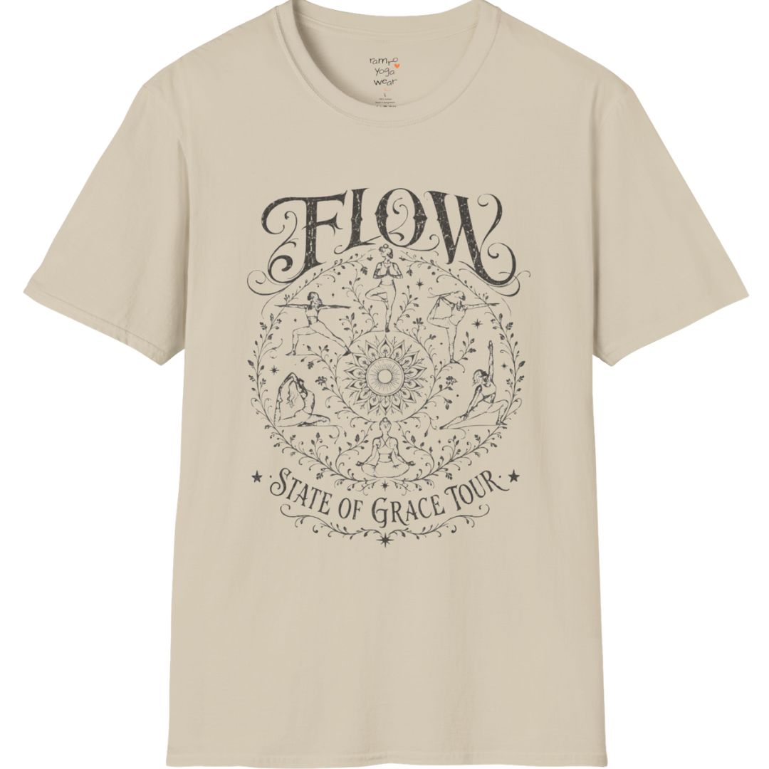 Flow T-Shirt Sand with celestial yoga mandala artwork and earthy boho styling.
