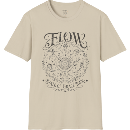 Flow T-Shirt Sand with celestial yoga mandala artwork and earthy boho styling.